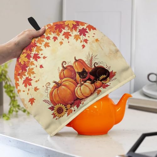 Image of Autumn Pumpkins Cat Cotton Tea Cozy Insulated Kettle Cover Kitchen Home Dining Teapots Suit Outdoor Dunch Thanksgiving Party House Decor