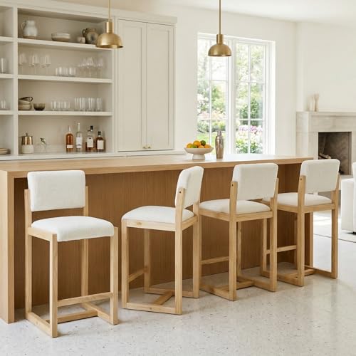 Conjunto de 4 butacos de altura para barra (26 pulgadas) HNY, color blanco Sherpa | Estructura de caucho sólido con asiento y respaldo tapizados, base deslizante moderna para isla de cocina, bar en casa miniatura 7