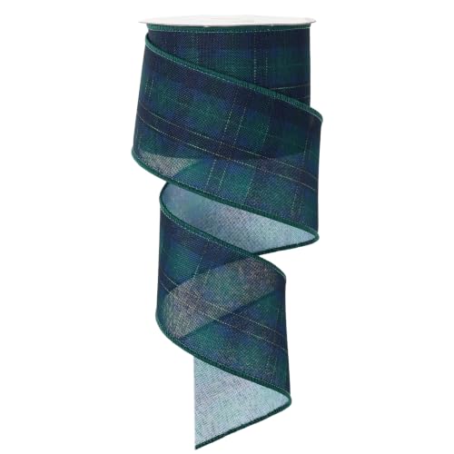 FYSUIMU Green Blue Plaid Wired Edge Ribbon Roll Retro Tartan Wrapping Ribbon for Baby Shower Birthday DIY Crafts Wreath Bow Making 10 Yard 2.6 Inch