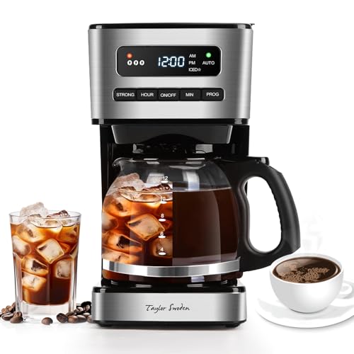 Taylor Swoden Cafetera Goteo 12 Tazas(1.8L) - Programable 24H con LED, 3 Niveles + Modo Café Helado, Jarra Borosilicato, 40 Min Mantener caliente+Autoapagado, Autolimpieza, Antigoteo, Inoxidable, 900W