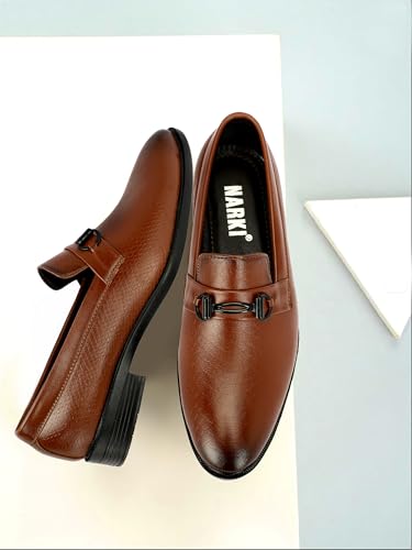 Image of NARKI Men's Tan Formal Loafers - Stylish Slip-On Synthetic Leather Dress Shoes | Textured Office Wear Shoes for Men