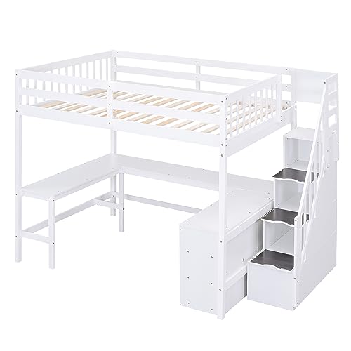 SOFTSEA Full Size Loft Bed with Desk and Storage, Wood Loft Bed with Staircase and Storage Shelves, High Loft Bed Frame with Desk, Stair for Kids Teens Adults, White - Thumbnail 5