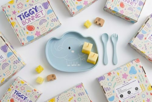 Image of TIGGY & BONNET Elephant 2 Pcs Silicone Baby Feeding Set for Baby Bpa-Free | Microwave Safe, Anti-Slip Base | Tableware Kit for Babies & Toddlers with Suction Plate & Spoon
