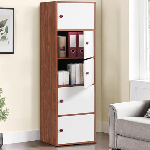 Image of ABOUT SPACE Wooden Cabinet - 5 Tier Storage Cabinet for Living Room with Magnetic Door, Space Saving Book Self for Home, Engineered Wood Kitchen Crockery Unit (Oak Red - L 38 x B 38.5 x H 165.5 cm)