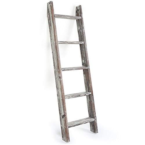 MyGift 4.5-Foot Wall-Leaning Ladder-Style Torched Wood Blanket Rack