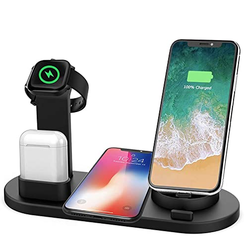Wireless Charger,6 in 1 Wireless Fast Charging, Stand for Apple Watch Series 6/SE/5/4/3/2/1, Qi Wireless Charging Dock for iPhone 12/11/Pro/Max/XS/Max/XR/XS/X, For Air-pods Pro/3/2/1 Black