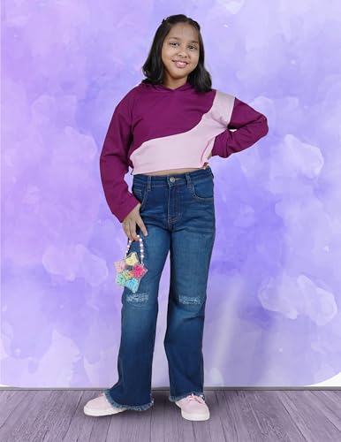 Image of KiddoPanti Girls Bottom Flared Knee Distress Stretchable Denim Jeans with Adjustable Elastic Waist