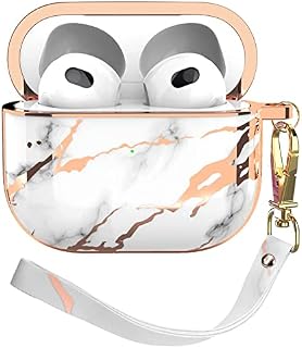Cover for AirPod 3rd Case Full Body Protective, URZQOQ AirPod 3 Case with Golden Bright Streaks Stylish [Anti-Fading] Shockproof Anti-Scratch AirPods 3rd Generation Case with Clip Lanyard (Marble)
