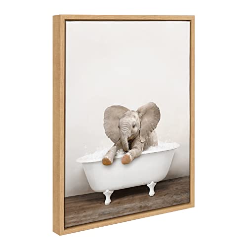 Image of Kate and Laurel Sylvie Baby Elephant No 6 in Rustic Bath Framed Canvas Wall Art by Amy Peterson Art Studio; 18x24 Natural; Modern Fun Decorative Bathtub Wall Art for Home Décor