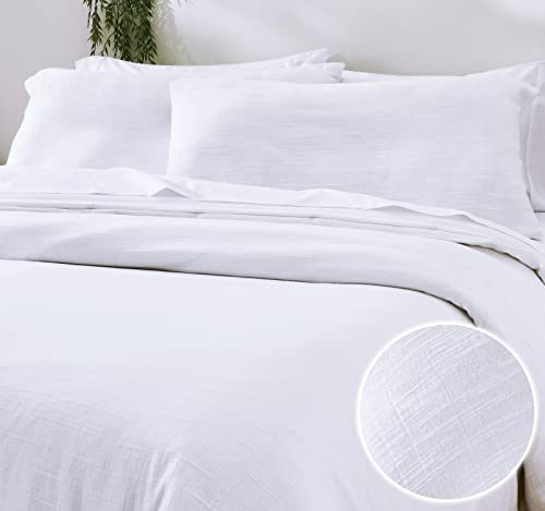 California Design Den Duvet Cover King Size Oversized, 100% Cotton, 3 Piece Set with Pillow Shams Soft Textured White Duvet Cover, 120" x 98" to Fit Oversized King Duvet (Striped Slub)