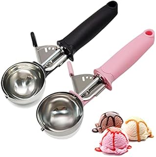 Kuivoo 2ps Ice Cream Scoop Stainless Steel with Trigger Release and Comfortable Handle,Cookie Dough Scooper Melon Baller Scoop Ice Ball Spoon for Fruit Mashed Potato Cake Dessert,6cm(Pink,Black)