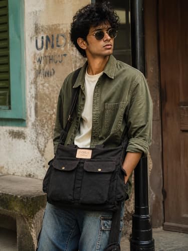 Image of ROUGH Canvas Cotton messenger bag.15'' Lap top. Large size 36x27x11 cm(12Ltr) Metal zipper closure. Allround pockets. Vintage look. Antique fittings.Sustainable