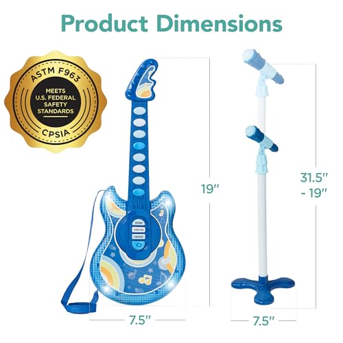 Best Choice Products 19in Kids Toy Guitar, Pretend Play Musical Instrument Toy for Toddlers w/Mic, Stand, 8 Demo Songs, Lights & Sounds - Soft Blue - Image 7