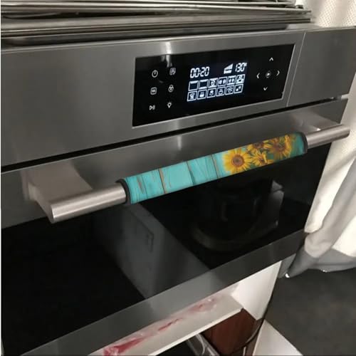 Image of Fridge Door Handle Covers Set of 6 Waterproof Antiskid Protector Decor Handles for Refrigerator, Microwave, Dishwasher, Kitchen Cabinet, Oven, Sunflower Wood Grain Teal