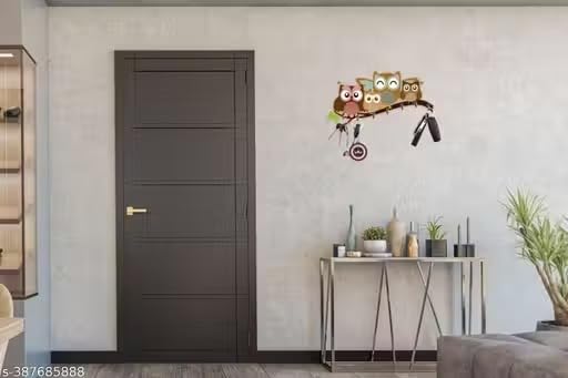 Image of Owl Family Branch Wall Mounted Key Holder with 7 Hooks | Decorative Design, Wall Hanging, Entryway Organiser, Wooden Finish, Home Decor