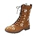 Ankle Boots for Women Lace Up Combat Booties Fashion Floral Embroidered Short Booties Side Zipper Lug Sole Boots PU Leather Western Platform Boot Round Toe Shoes Khaki