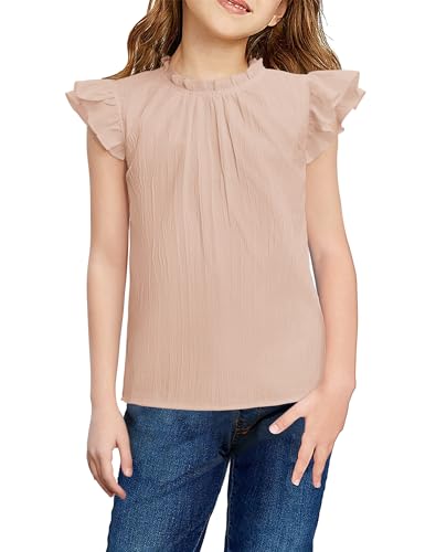 Image of Arshiner Girls Ruffle Short Sleeve Shirts Cute Summer Frill Neck Pleated Textured Blouse Tops
