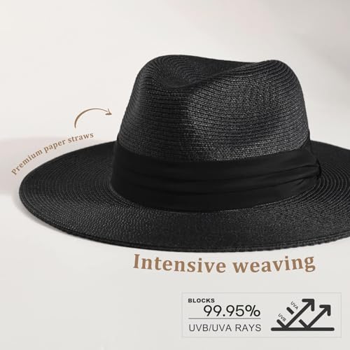 Image of FURTALK Womens Mens Wide Brim Straw Panama Hat Fedora Summer Beach Sun Hat