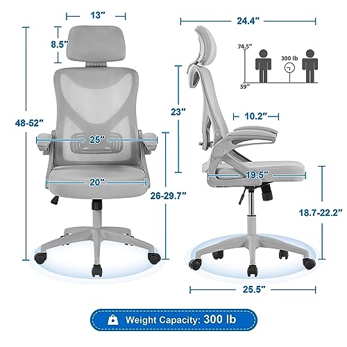 Image of Yaheetech Ergonomic Office Chair with Headrest, Lumbar Support, Grey | Breathable mesh high-back adjustable headrest, padded seat, and flip-up armrests supports your back and neck, holds 300lb