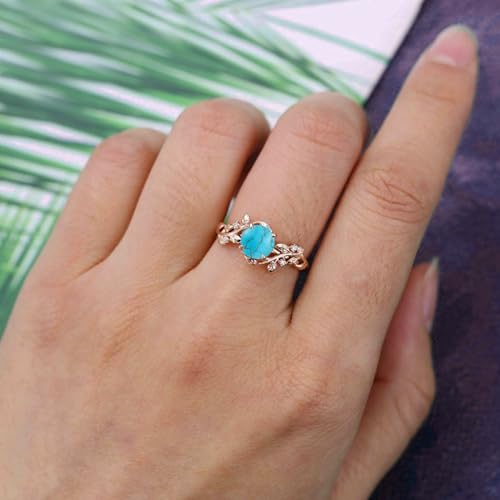 10K 14K 18K Gold 1 Carat Round-Cut Gemstone Vintage Engagement Ring for Women Nature Inspired Birthstone Leaf Vine Wedding Promise Anniversary Rings for Her Wife Bridal Size 4~12-Turquoise3