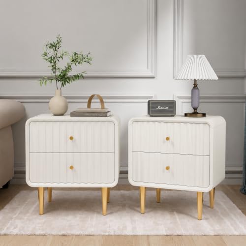 Image of HLR Night Stand Set of 2, Fluted Modern Bedside Table with 2 Drawers, White