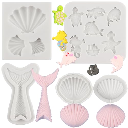 MINFEIDMS Marine Theme Fondant Molds Mermaid Tail Seahorse Seashell Starfish Baking Silicone Molds For Cake Decorating Cupcake Topper Candy Chocolate Gum Paste Polymer Clay Set Of 4