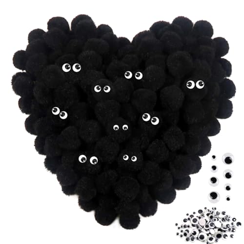TOAOB 200pcs Black Pompoms with Googly Eyes 1 Inch Fuzzy Pom Poms Balls Arts and Crafts Supplies for DIY Crafts Decorations