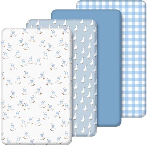 Image of SmoothNovelty 4 Pack Silly Goose Crib Fitted Sheet for Boys Girls - 52" x 28" Fitted Baby Sheet with Gingham Style for Standard Mattress Gift Set, Microfiber & Soft Breathable(Blue)