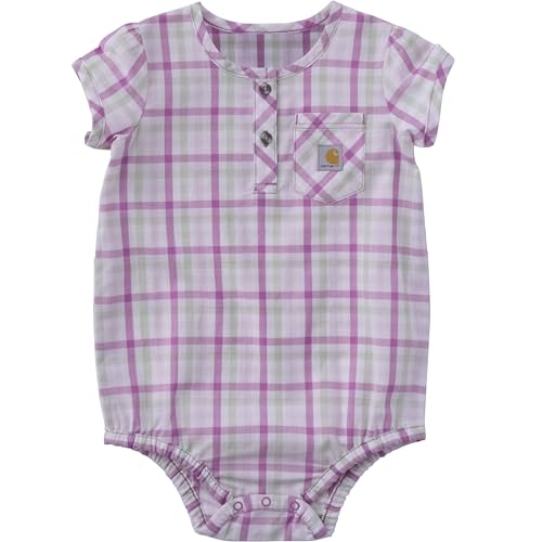 Carhartt, Baby Girls' Puff-Sleeve Woven Fabric Poplin Bodysuit, Lavender Plaid, 3 Months