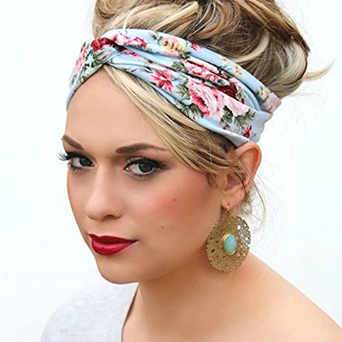 Image of DRESHOW 6 Pack Boho Cotton Non-Slip Headbands for Women Girls Yoga Workout Running Knotted Turban Floral Elastic Head Wrap