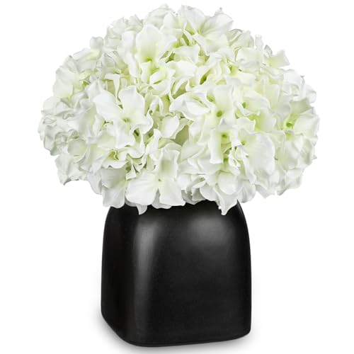 Briful Hydrangea Artificial Flowers White Silk Hydrangea Flowers in Deep Black Ceramic Vase Spring Flowers Arrangments Potted Fake Flowers for Home Decor Indoor Farmhouse Table Wedding Centrepiece