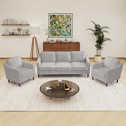 Image of Kingfun Couch Sets for Living Room, 3 Seater Couch and Armchair Set of 2, Mid Century Modern Sofa Chair, Chenille Couch with Solid Wood Frame for Bedroom