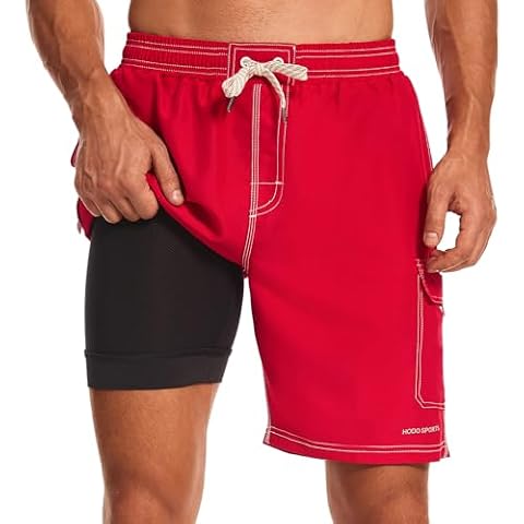 HODOSPORTS Mens Swim Trunks with Compression Liner 9 inch Quick-Dry Men’s Swim Shorts with Cargo Pockets Red L Cover