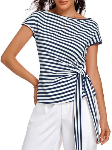 Image of HOTIAN Womens Cap Sleeve T Shirts 2026 Tie Waist Wrap Tops Crew Neck Blouses Dressy Casual Loose Work Business Dressy