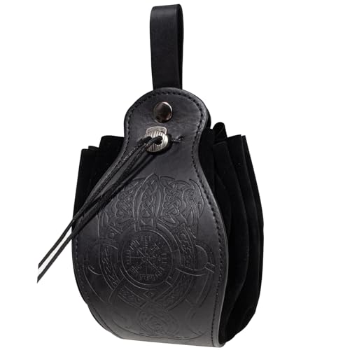 Image of Leather Belt Pouch Medieval Vintage Renaissance Viking LARP Cosplay Costumes Drawstring Coin Purse Phone Holder Waist Bag (Dragon-Black)