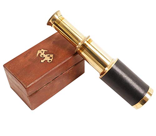 Mythrojan Mini Pirate Spyglass Telescope Brass Colapsable Hand Telescope with Wooden Box Small