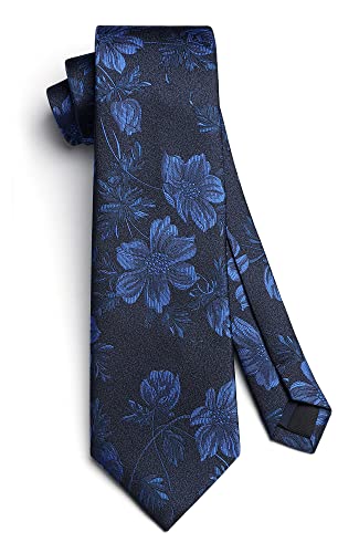 Image of HISDERN Men Floral Ties Woven Classic 3.4 inch Necktie Set Formal Tie Pocket Square for Wedding with Handkerchief Gift Box
