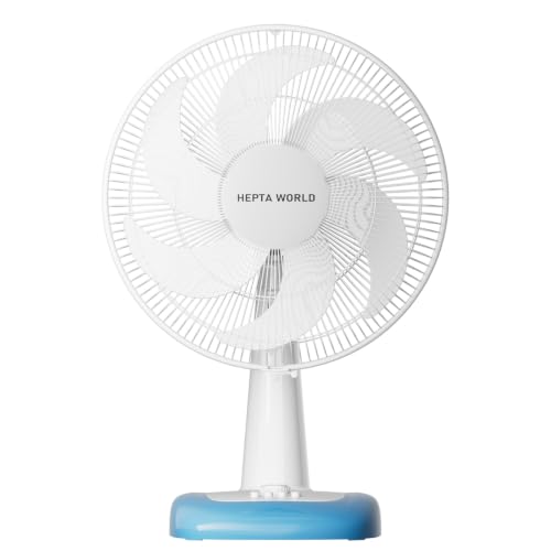 HEPTA WORLD Ventilador de Mesa de Alta Potência de 40 cm, oscilação de 120° com temporizador, sistema de encaixe para montagem rápida, cores branco e branco‑azul