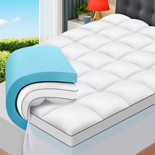 JURLYNE Dual Layer 4 Inch Memory Foam Mattress Topper Super Queen Size - 2 Inch Cooling Gel Memory...