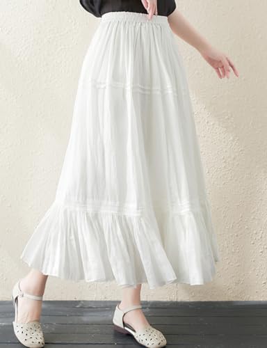 IDEALSANXUN White Linen Skirts for Women 2024 Summer Tiered Flowy A Line Elastic High Waisted Skirt with Lining2