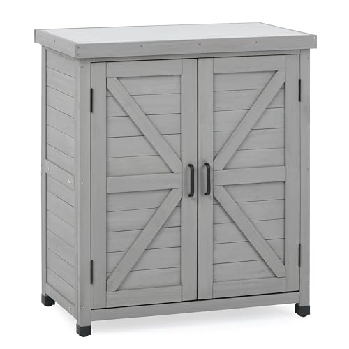 Outdoor Potting Bench with Storage Cabinet and Metal Top, Wood