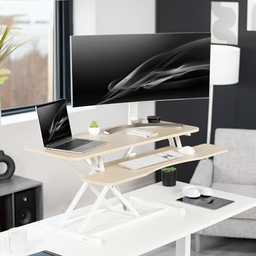 Image of VIVO 42 inch Desk Converter, K Series, Height Adjustable Sit to Stand Riser, Dual Monitor and Laptop Workstation with Wide Keyboard Tray, Light Wood Top, White Frame, DESK-V042KF