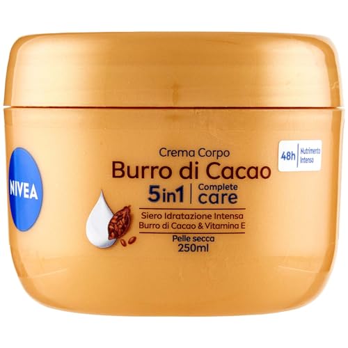 NIVEA Crema corporal manteca de cacao 250 ml, crema hidratante 48 horas, crema hidratante para piel seca, enriquecida con suero hidratante intenso, manteca de cacao y vitamina E