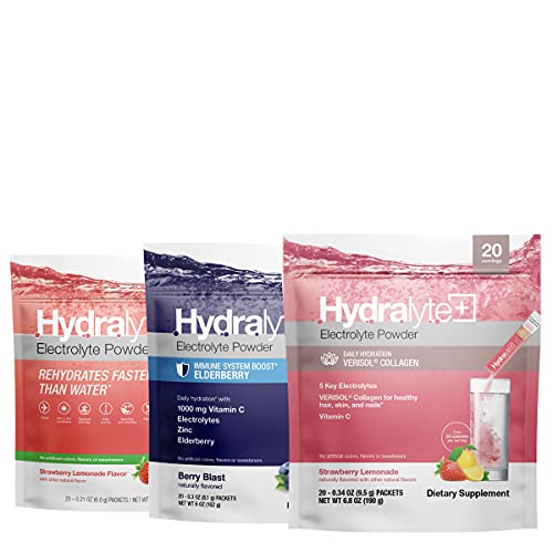 Hydralyte Electrolyte Powder Bundle | Collagen Boost, Strawberry Lemonade - 20 Count | Immunity Boost, Elderberry - 20 Count | Instant Dissolve Ors Mix, Strawberry Lemonade - 20 Count #TOP30