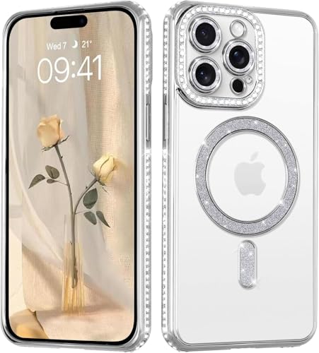 Image of DIZORO Compatible with (iPhone 15 Pro Max Case) Clear Luxury Diamond Glitter Case |Camera Lens Protector with Glitter Ring | Premium Shockproof Glossy Shiny Back Cover Case for Girls Women -Silver