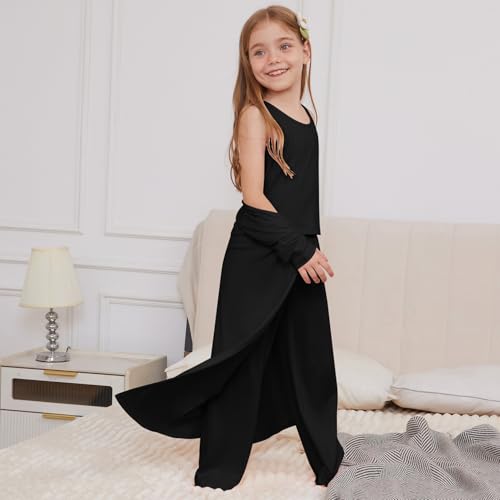 QPANCY Girls 3 Pieces Pajamas Kids Casual Loungewear Open Front Coat Tank Top Pants Pjs Set3
