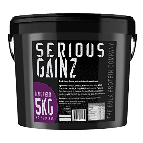 SERIOUS GAINZ 5kg (40 Servings) Mass Gainer Protein Powder ~27g Protein ~460 Calories ~74g Carbs Weight Gainer Shake with Whey Isolate & Oat Flour Post-Workout Recovery Black Cherry