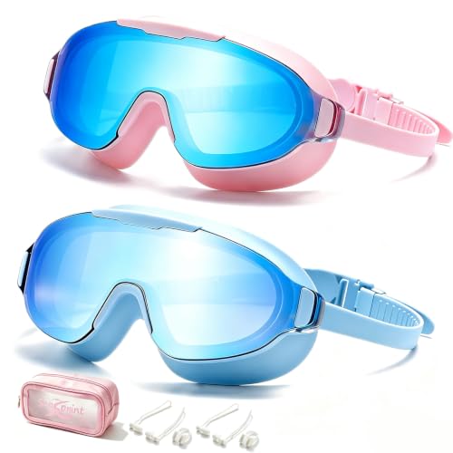seasprint 2 Pack Swim Goggles,Wide Angle Anti-fog and UV Leak Proof Goggles,Fashion Swim Glasses for Men Women(Dazzling Mirror(Blue+Pink)