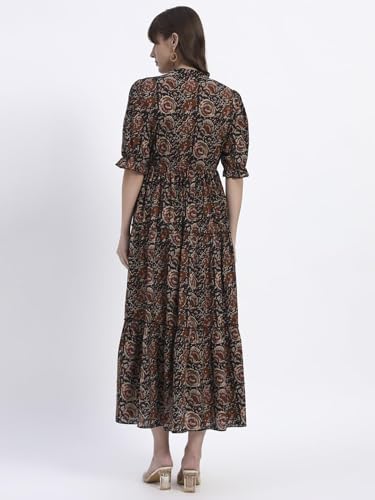Image of Women's Fit and Flare Dress I Pure Cotton Long Summer Maxi Dress I V-Neck I Casual Wear I Printed Kalamkari Floral Middi
