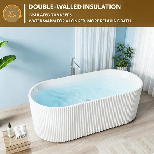 Image of 59 Inch Acrylic Freestanding Bathtub, Deep Soaking Tub with Non-Slip Base, cUPC Certified Free Standing Tub, Chrome Drain Bath Tub, Modern Tub for Bathrooms, White